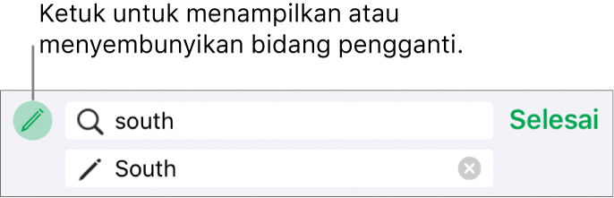 Kontrol untuk menemukan dan mengganti teks.