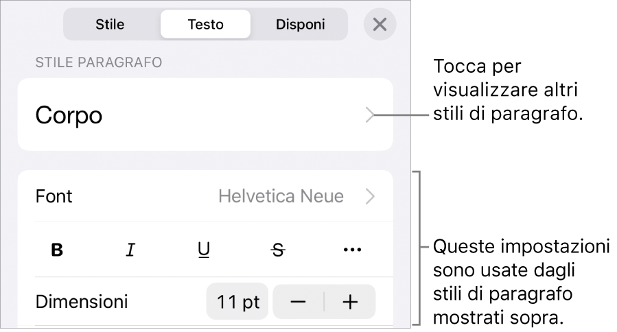 Menu Formato con controlli di testo per impostare stili carattere e paragrafo, font, dimensione e colore.