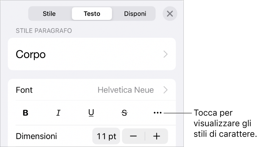 I controlli Formato con gli stili di paragrafo nella parte superiore, quindi i controlli Font. Sotto Font sono presenti i pulsanti Grassetto, Corsivo, Sottolineato, Barrato e “Altre opzioni di testo”.