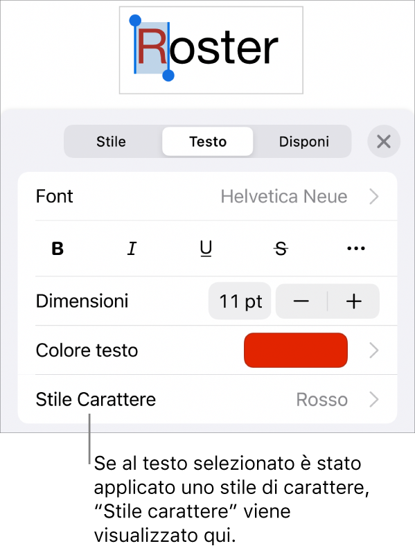 Controlli di Formato con “Stile carattere” sotto i controlli di Colore. Stile carattere Nessuno compare con un asterisco.