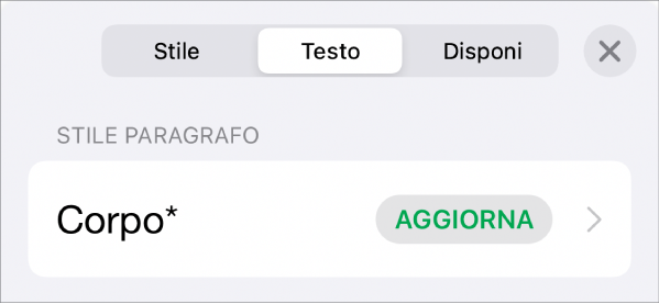 Stile paragrafo con un asterisco vicino e un pulsante Aggiorna sulla destra.