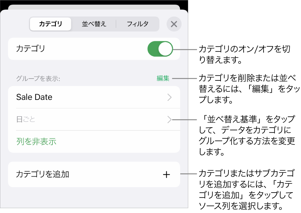 iPhoneの「カテゴリ」メニュー。カテゴリをオフにしたり、カテゴリを削除したり、データをグループ化し直したり、ソース列を非表示にしたり、カテゴリを追加したりするオプションがあります。