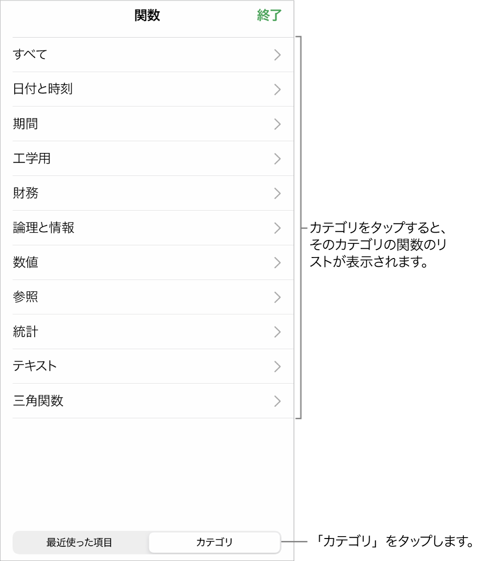関数ブラウザ。「カテゴリ」ボタンおよびカテゴリのリストのコールアウトが表示された状態。