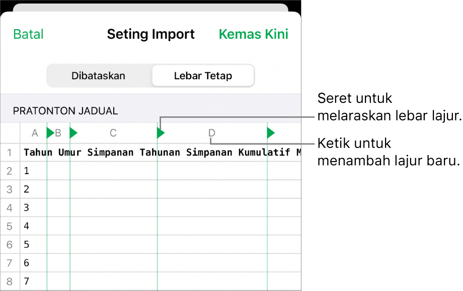 Seting import untuk fail teks lebar tetap.