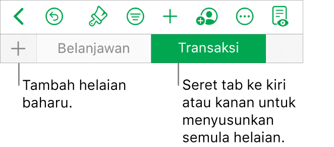 Bar tab untuk menambah helaian baharu, menavigasi, menertibkan semula dan menyusun semula helaian.