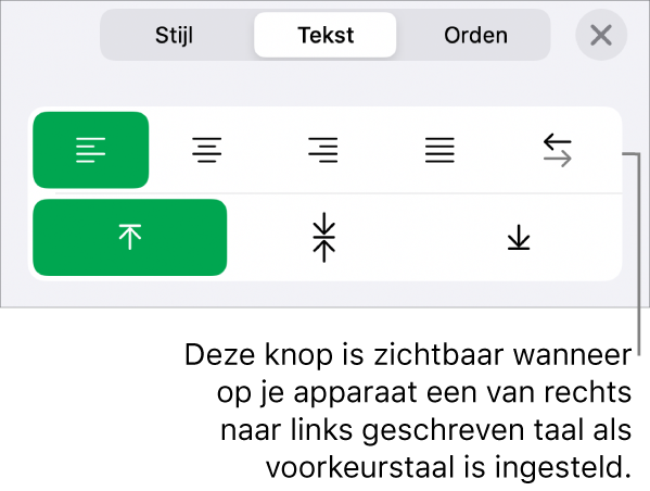 Het gedeelte 'Stijl' van het opmaakmenu met uitleg bij de knop voor rechts naar links.