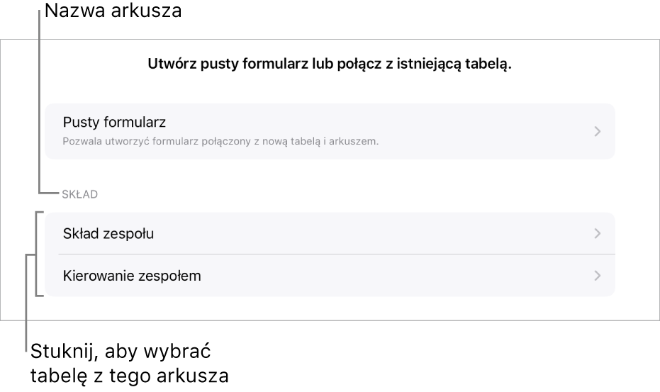 Lista tabeli w tym samym arkuszu kalkulacyjnym oraz na górze widoczna jest opcja tworzenia pustego formularza.