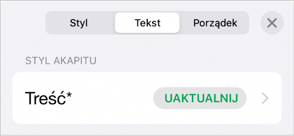 Styl akapitu z gwiazdką oraz znajdującym się po prawej stronie przyciskiem Uaktualnij.