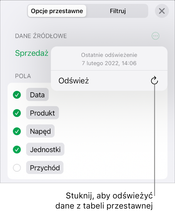 Karta Opcje przestawne pokazująca opcje odświeżania tabeli przestawnej.