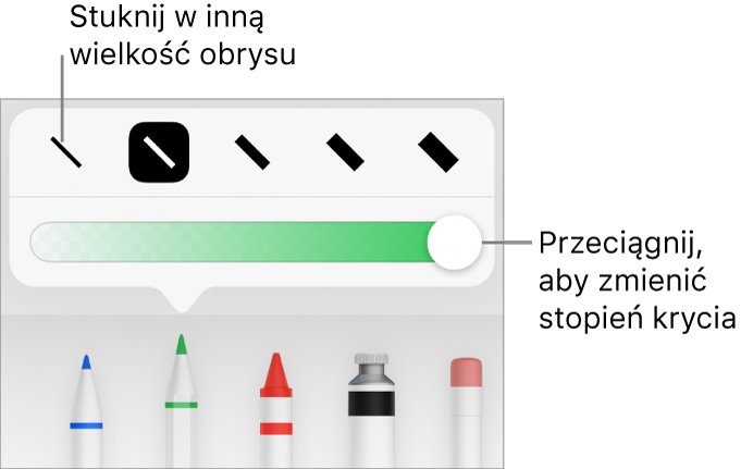 Narzędzia do ustawiania grubości kreski oraz suwak do ustawiania stopnia krycia.