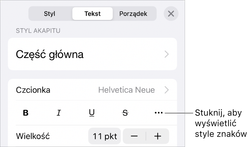 Narzędzia formatowania. Na samej górze widoczne są style akapitu, a poniżej znajdują się narzędzia czcionki. Pod narzędziami czcionki widoczne są przyciski Pogrubienie, Kursywa, Podkreślenie, Przekreślenie oraz Więcej opcji tekstu.