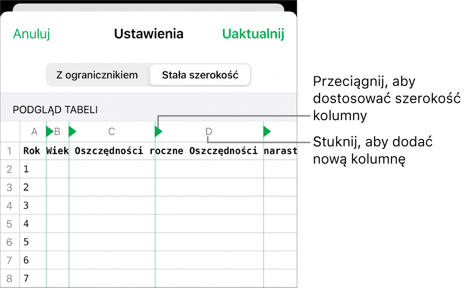 Ustawienia importowania pliku tekstowego o stałej szerokości.