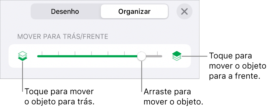 Botão Mover para Trás, botão Mover para a Frente e controle deslizante de camada