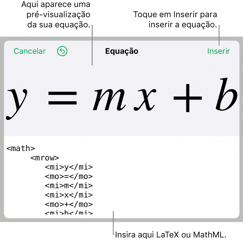 Código MathML para a equação da inclinação de uma linha e uma pré-visualização da fórmula acima.