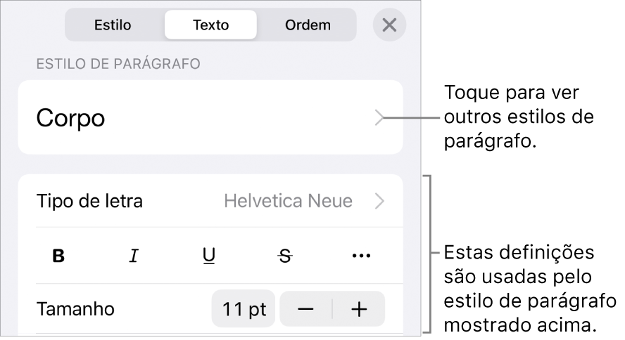 O menu Formatação a apresentar controlos de texto para definir estilos de parágrafo e carácter, tipo de letra, tamanho e cor.