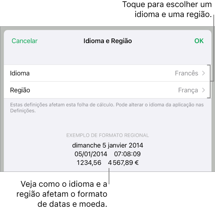 O painel “Idioma e região” com controlos de idioma e região e um exemplo da formatação, incluindo data, hora, decimal e moeda.