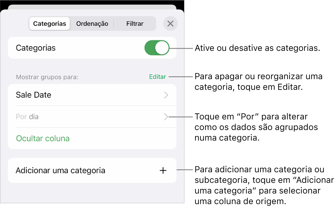 O menu Categorias para iPhone com opções para desativar as categorias, apagar categorias, reagrupar dados, ocultar uma coluna de origem e adicionar categorias.