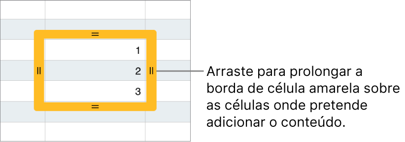 Uma célula selecionada com um grande contorno amarelo que pode arrastar para preencher automaticamente as células.