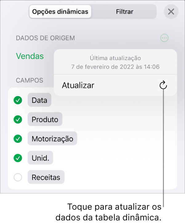 O separador Opções dinâmicas a mostrar a opção de atualizar a tabela dinâmica.
