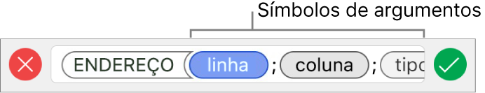 O editor de fórmulas a mostrar uma função com símbolos de argumentos.