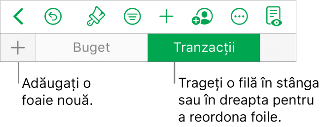 Bara cu file pentru adăugarea unei foi noi, navigarea, reordonarea și reorganizarea foilor.