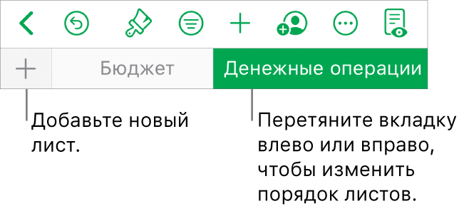 Панель вкладок для добавления нового листа, навигации, изменения порядка и переупорядочивания листов.