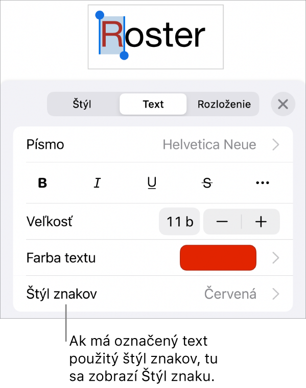 Ovládacie prvky Text s položkou Štýl znakov pod ovládacími prvkami Farba. Štýl znakov Žiadne sa zobrazuje s hviezdičkou.