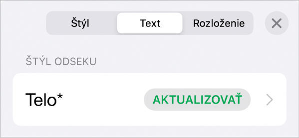 Štýl odseku s hviezdičku a tlačidlom Aktualizovať napravo.