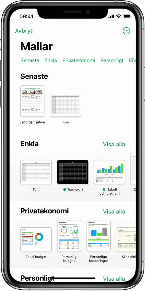 Längs överkanten i mallväljaren visas en rad med kategorier som du kan trycka på om du vill filtrera alternativen. Nedanför finns miniatyrer av fördesignade mallar som är ordnade i rader efter kategorier. Högst upp visas Senaste, följt av Enkla och Privatekonomi. Knappen Visa alla syns ovanför och till höger om varje kategorirad. Knappen för språk och region finns i övre högra hörnet.