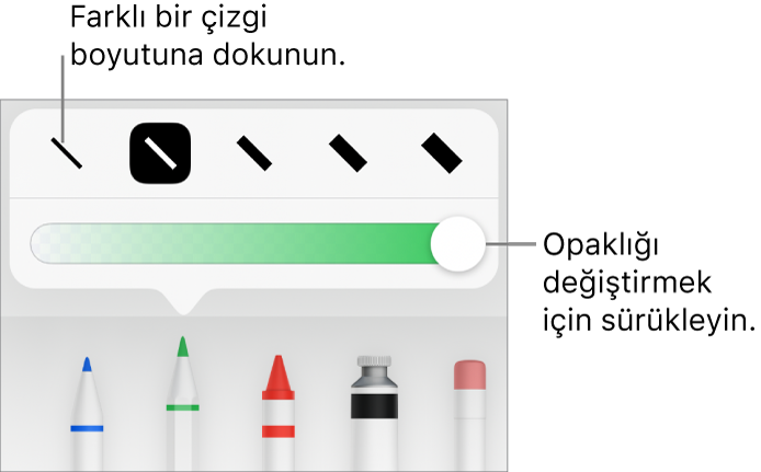 Çizgi kalınlığını seçme denetimleriyle opaklığı ayarlama sürgüsü.