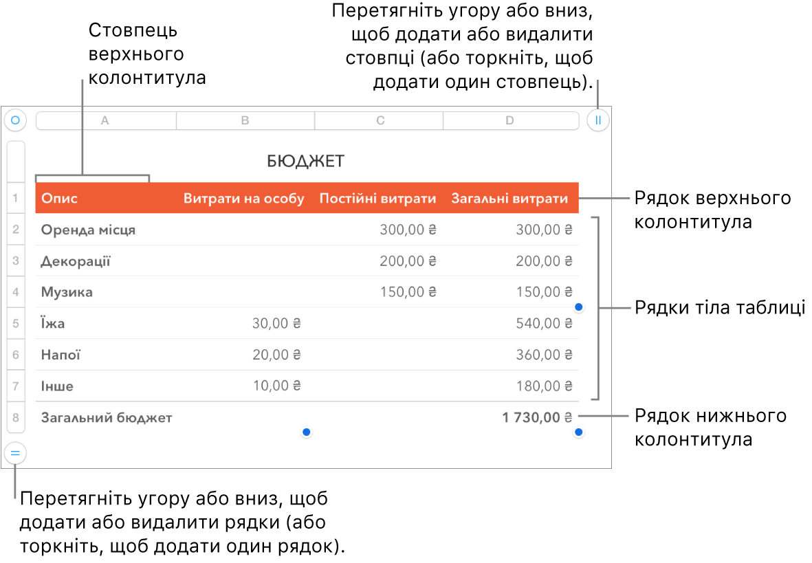 Таблиця з верхнім колонтитулом, тілом таблиці, рядками та стовпцями в нижньому колонтитулі та маніпуляторами для додавання або видалення рядків чи стовпців.