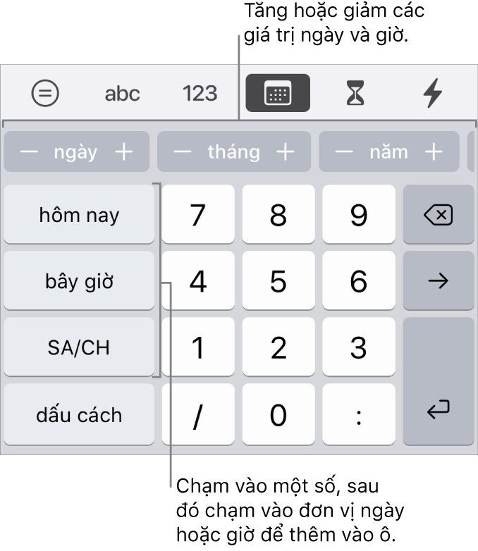 Bàn phím ngày và giờ. Một hàng các nút ở gần trên cùng hiển thị các đơn vị thời gian (tháng, ngày và năm) mà bạn có thể gia tăng để thay đổi giá trị được hiển thị trong ô. Có các phím ở bên trái cho hôm nay, bây giờ và SA/CH và các phím số ở giữa của bàn phím.