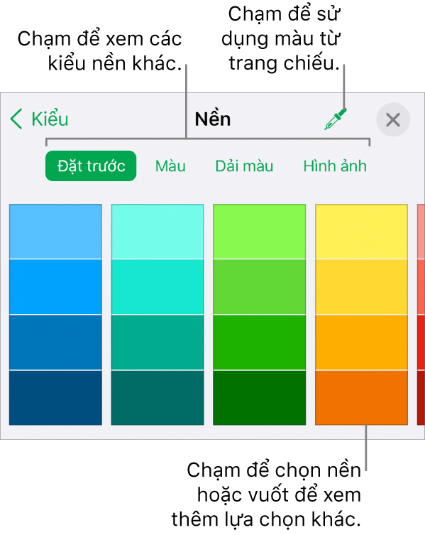 Các tùy chọn Nền trong tab Kiểu của nút Định dạng.