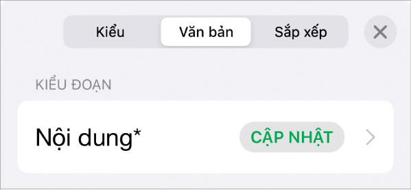 Một kiểu đoạn có dấu hoa thị ở bên cạnh và nút Cập nhật ở bên phải.