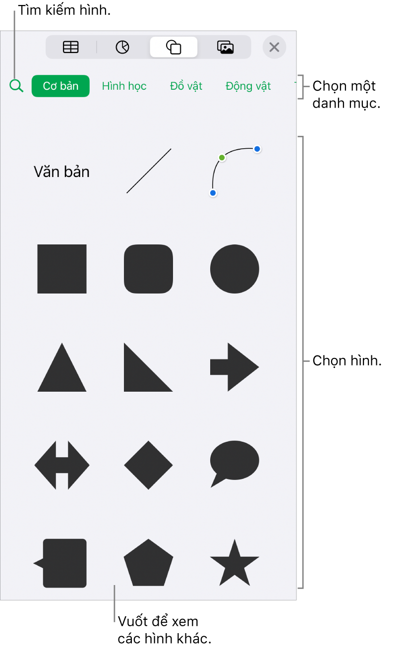 Thư viện hình dạng, với các danh mục ở trên cùng và các hình được hiển thị ở bên dưới. Bạn có thể sử dụng trường tìm kiếm ở trên cùng để tìm các hình và vuốt để xem thêm.