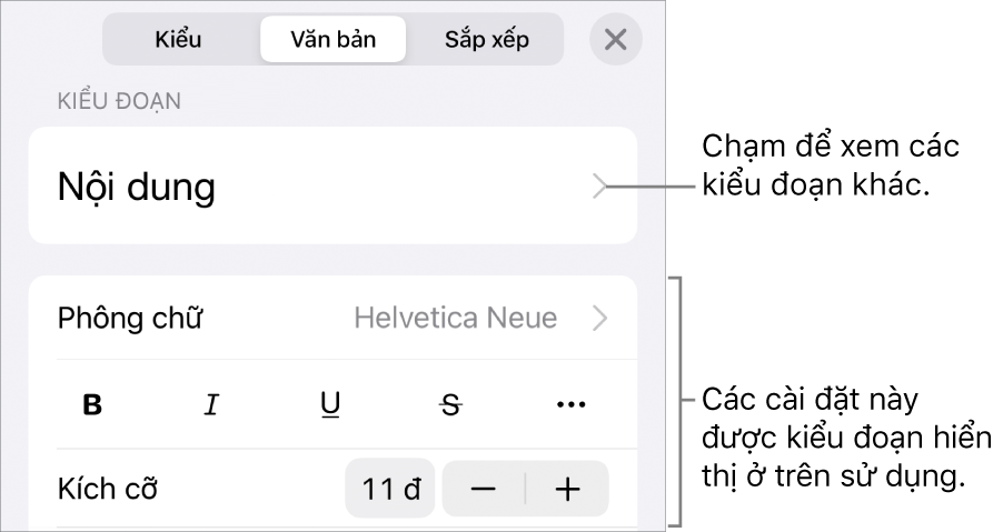 Menu Định dạng đang hiển thị các điều khiển văn bản để đặt kiểu, phông chữ, kích cỡ và màu của đoạn và ký tự.