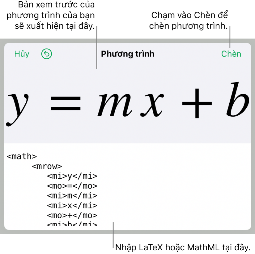 Mã MathML cho phương trình tính độ dốc của một đường và bản xem trước của công thức ở bên trên.