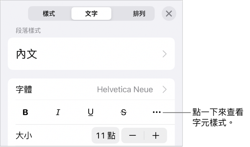 具備段落樣式的「格式」控制項目在最上方，然後是「字體」控制項目。「字體」下方為「粗體」、「斜體」、「底線」、「刪除線」和「更多文字選項」按鈕。