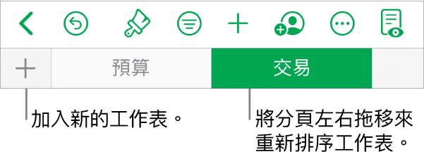 用於加入新工作表、導覽、重新排列和重新整理工作表的分頁列。