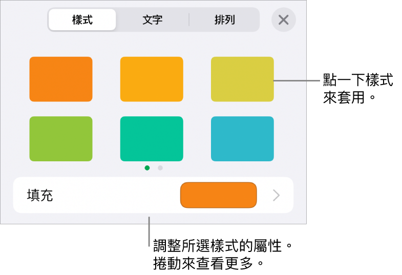 「格式」按鈕的「樣式」標籤頁，帶有六種形狀樣式，下方有「填充」控制項目。