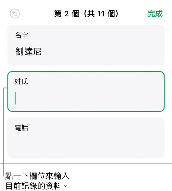 表單中的記錄顯示包含插入點的使用中欄位。