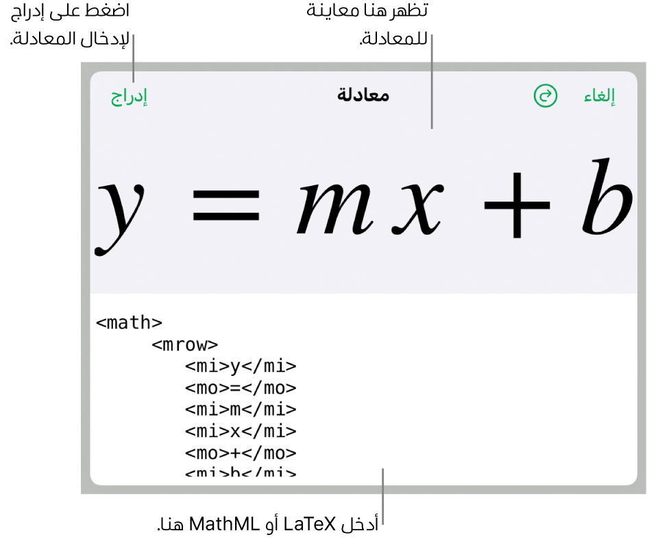 كود MathML الخاص بمعادلة ميل خطٍ ما، ويظهر أسفلها معاينة للصيغة.