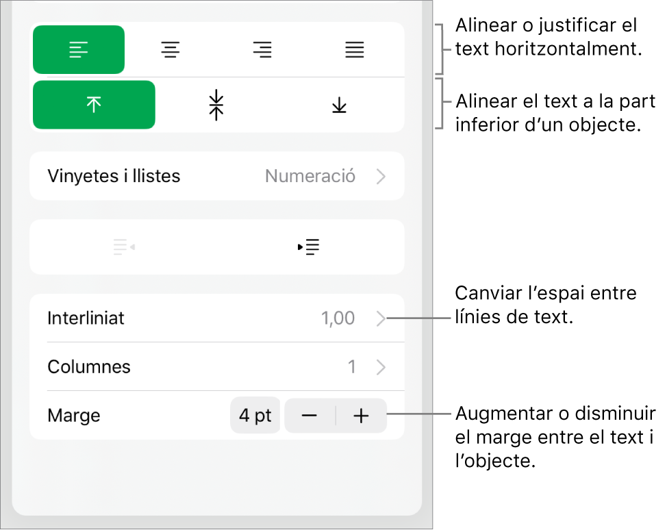 Secció Disposició de l’inspector de format amb referències als botons d’alineació i espaiat de text.