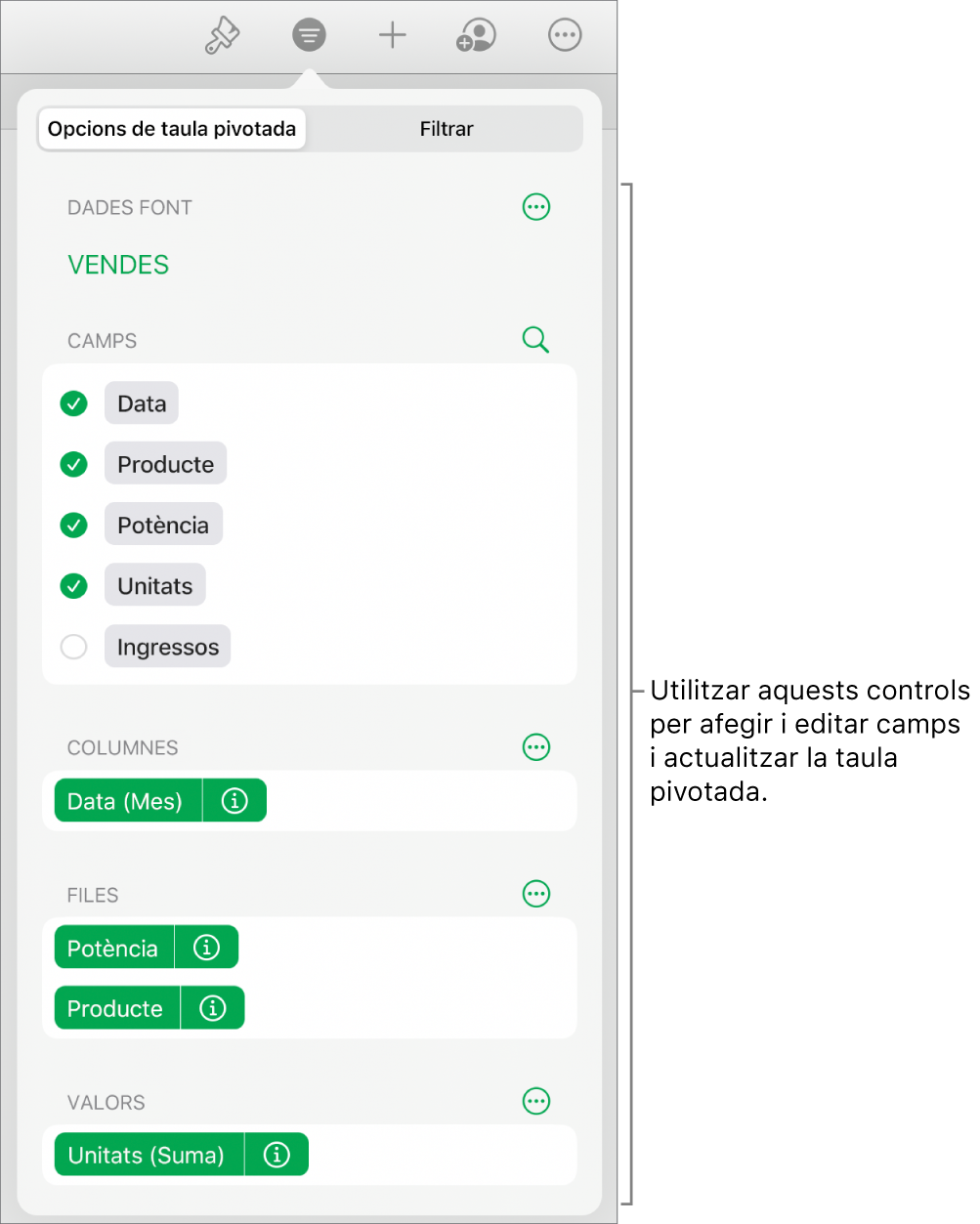 El menú “Opcions de taula dinàmica” que mostra els camps a les seccions Columnes, Files i Valors, a més dels controls per editar els camps.