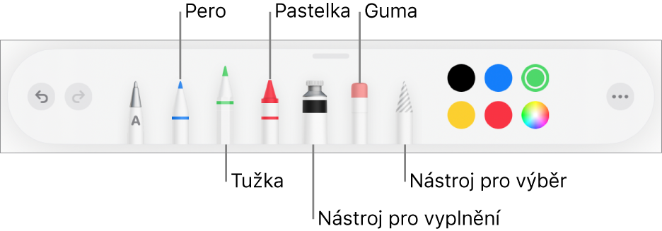 Panel nástrojů pro kreslení obsahující pero, tužku, pastel, nástroj výplň, nástroj pro výběr, gumu a výběr barev. Úplně napravo se nachází tlačítko nabídky Více