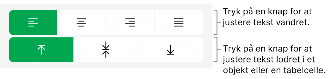Vandrette og lodrette justeringsknapper til tekst.