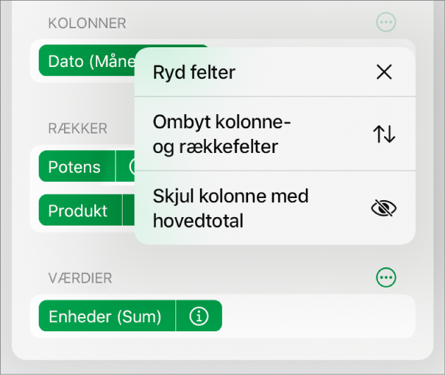 Menuen Flere feltindstillinger, der viser betjeningsmulighederne for at skjule hovedtotaler, bytte kolonne- og rækkefelter og rydde felter.