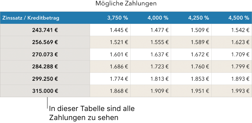 Eine Tabelle mit Ratenzahlungen vor dem Filtern für finanzierbare Tilgungsraten.