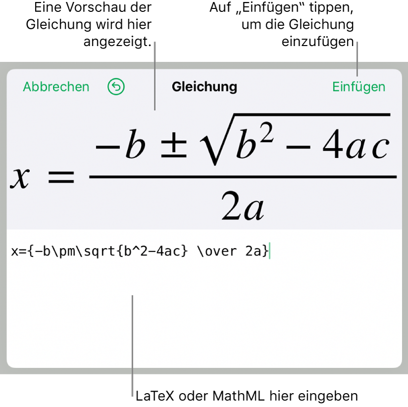 Die quadratische Formel, die mit LaTeX in das Feld „Gleichung“ geschrieben wurde, und einer Vorschau der Formel darunter.