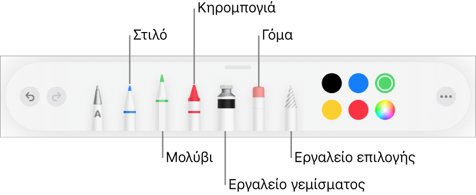Η γραμμή εργαλείων σχεδίασης με στιλό, μολύβι, κηρομπογιά, εργαλείο γεμίσματος, γόμα, εργαλείο επιλογής και χρώματα. Τέρμα δεξιά είναι το κουμπί μενού «Περισσότερα».